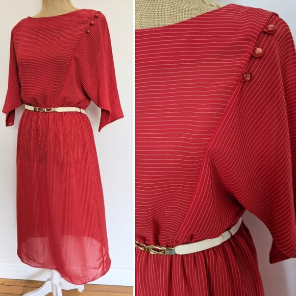 70s/80s red white striped slightly sheer midi dress - S-M - Picture 1 of 7